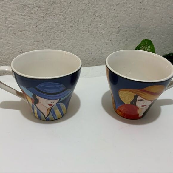Sango Cafe Paris Microwave Oven Safe Women In Hats Coffee Mug Cups Set Of 2 G3 - Picture 1 of 7